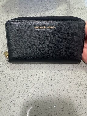 Michael Kors Black Saffiano Zip Wallet with Gold Hardware